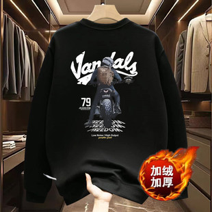 American New Handsome Casual Men's Autumn and Winter fleece-lined Sweat Vintage Trendy Round Neck All-match Printed Men's and Women's Top