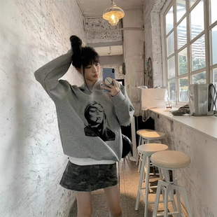 Jin Jing Guan Tu [in stock Hua Mian CVC Cotton Luo Kou] Lazy Wind Hooded Hoodie Figure Printed