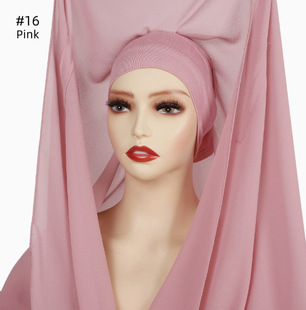 Foreign trade hot popular solid color pearl chiffon long scarf cap two-piece magnetic buckle one lazy convenient headscarf women