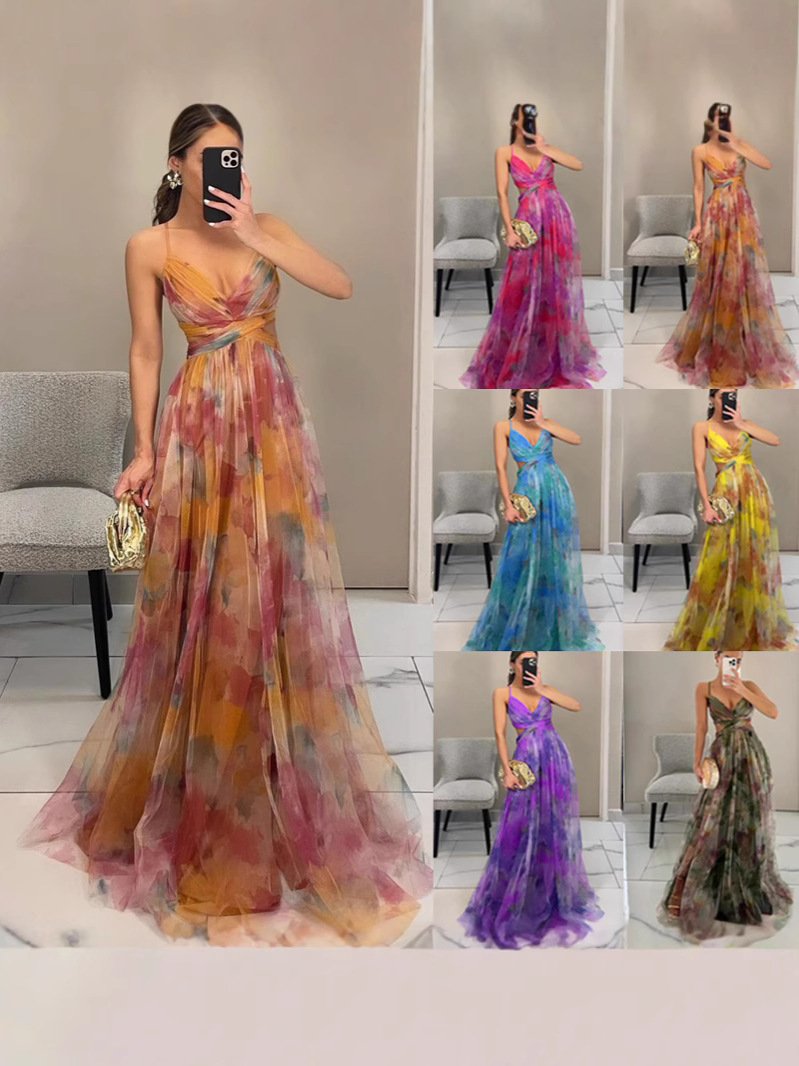 Cross-border 2025 European and American Spring and Summer New Mesh Printed Sling dress INS Vacation Leisure Party dress