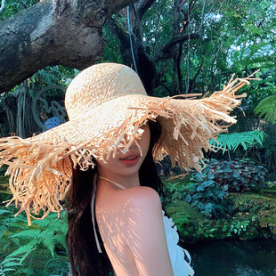 [Yiwu Wang] sun hat straw hat hollow sunscreen holiday beach hat summer travel rough brim women