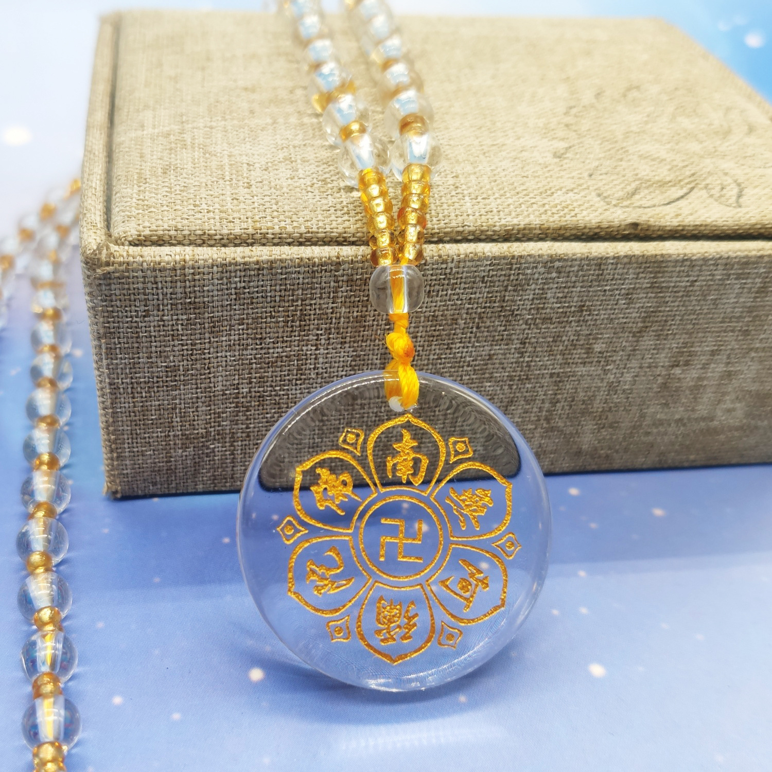 Square Crystal Guanyin Buddha Pendant Necklace with Gold-Plated Engraving, Transparent Pendant with Golden Crystal Beads, Wearable Accessory
