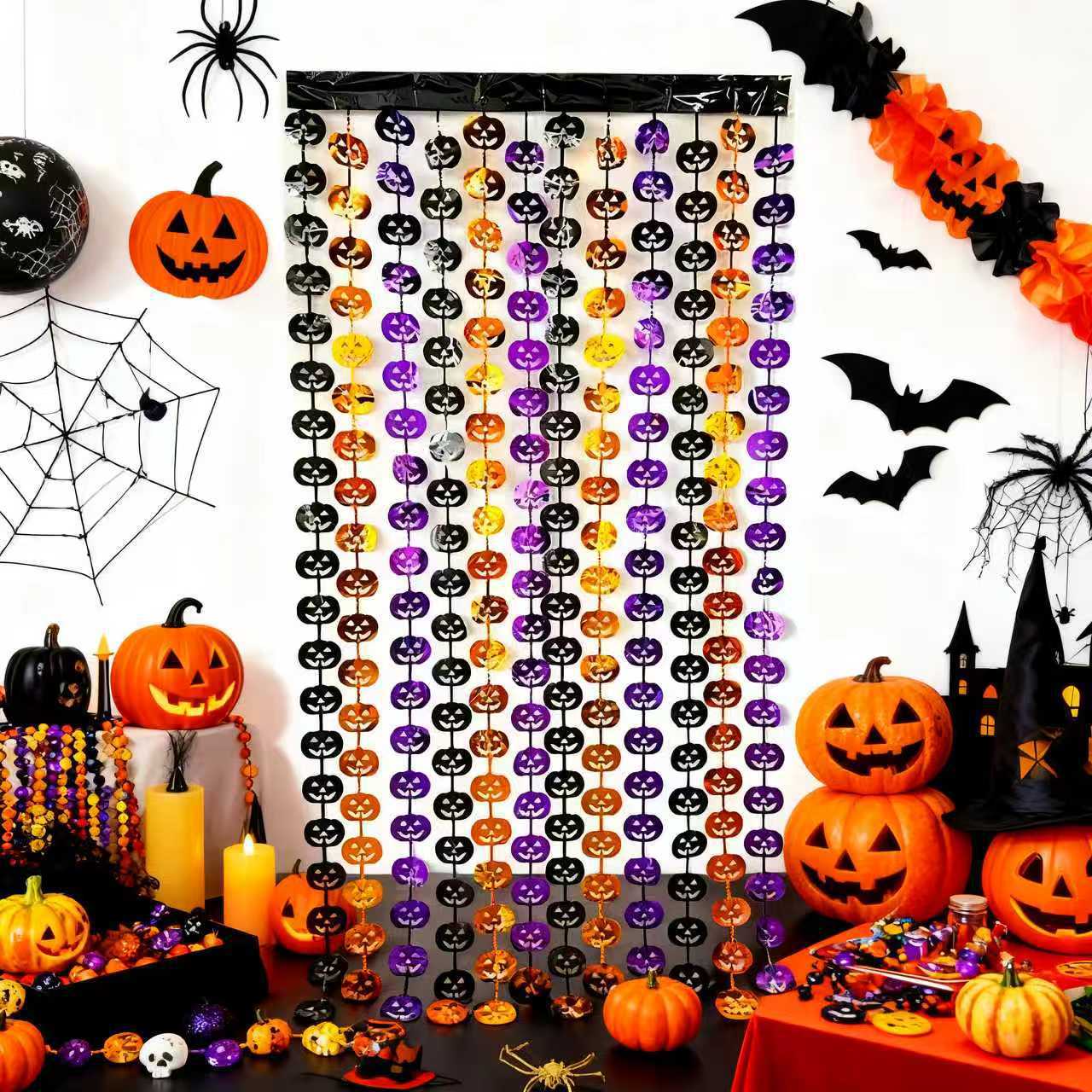 Halloween color-blocked door curtain, Halloween carnival night escape room background decoration, atmosphere, bat and pumpkin decorations
