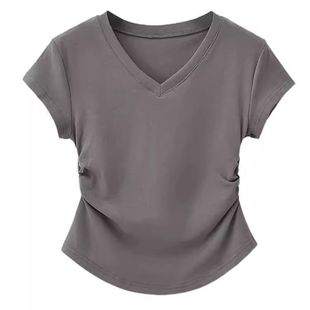 Cotton light blue V-neck Shoulder Short-sleeved T-shirt Women's Summer 2024 Fashionable All-match Western-style Fashionable Brand Waisted Pleated Top