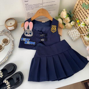Girls 2024 New Two-Piece Bunny Shirt Spring and Autumn New Bunny Vest Skirt suit