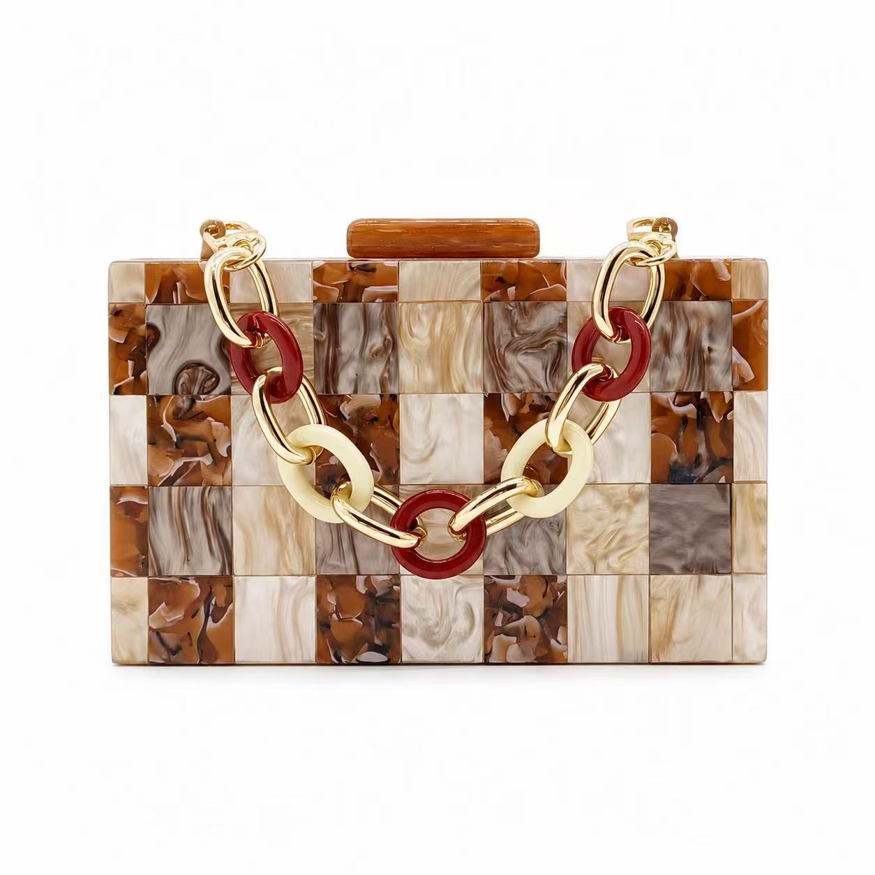 Cross-border plaid pattern multi-color patchwork acrylic evening bag, small square crossbody/shoulder chain women's bag, dropshipping available.