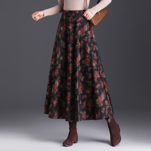 Floral Long Fashionable Western-style Large Swing Skirt High Waist Slim Skirt Autumn and Winter 2024 Casual A- line Umbrella Skirt