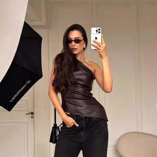 2024 European and American style women's clothing autumn Amazon new solid color sleeveless shoulder diagonal collar zipper T-shirt top women