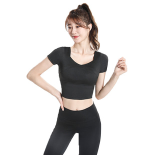 Yoga Clothing Sports Top Women's Short Quick-drying Stretch Running Tights with Chest Pad Naked Fitness Short-sleeved T-shirt