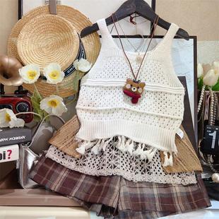 Crochet Hollow Bohemian Ethnic Sling Knitted Sleeveless Tassel Vest Fashion Plaid Shorts Two-piece Set
