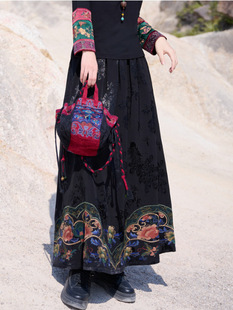Ethnic Style Women's Clothing Embroidered Black Half Skirt New Mid-Waist Embroidered Large Swing Skirt Long Skirt Women's Long Skirt
