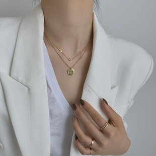 Titanium Steel Color-free Letter Round Brand Double-layer Necklace Women's Collarbone Chain Light Luxury Niche Design High-end Fashionable Woolen Chain