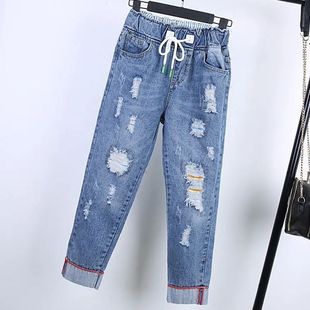 UNMUN Harlan Jeans Female Chubby Sister Summer Korean Loose High Waist Nine-point Loose Waist plus size Ripped Collapse