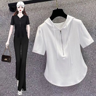 UNMUN Summer New Korean Style Loose Top Women's Fashion Zipper Hooded Sweatshirt Women's Casual Short-sleeved T-shirt Women's Trendy