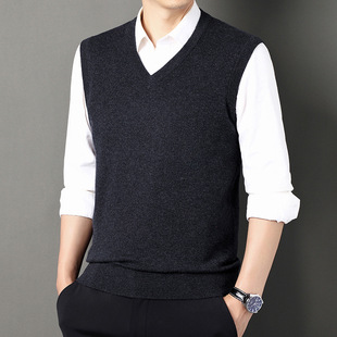 100 Pure Wool Thickened Vest for Middle-aged and Elderly Dad Autumn and Winter Sleeveless Chicken Heart Collar Knitwear Wool Vest for Men