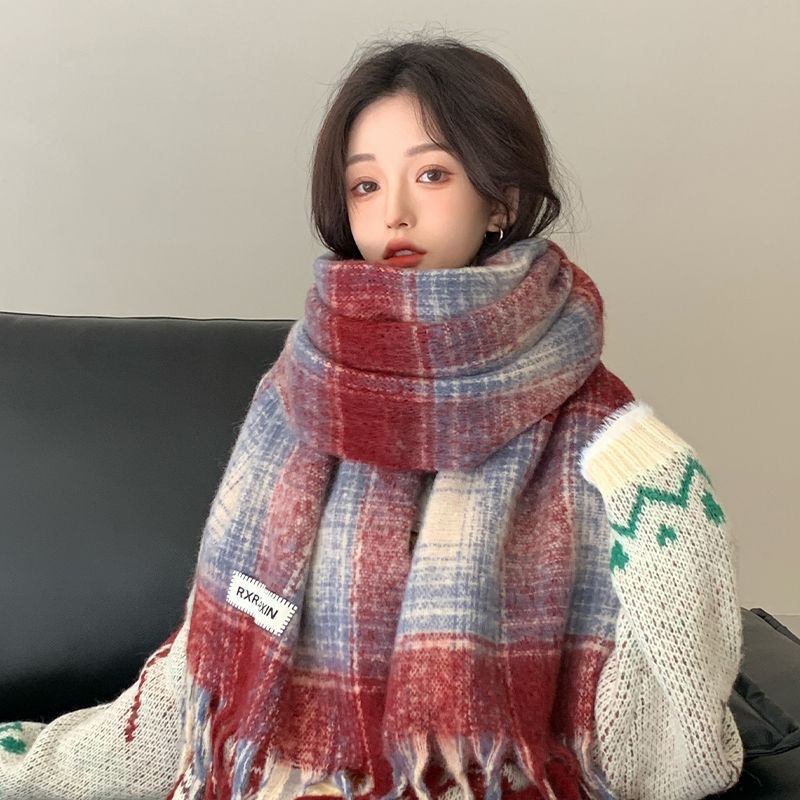 Gradient Plaid Scarf for Women New Autumn and Winter New Korean Sweet Pink Scarf for Men Thickened Warm Shawl for Women