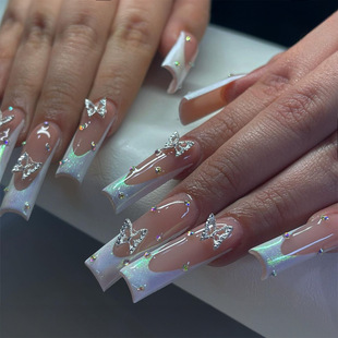 Ultra-long water pipe wearing nail piece white thin flash French side fake nail piece butterfly drill patch nails