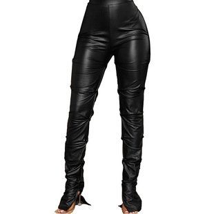 Cross-border new women's faux leather pants trousers tight side pleated split fashion casual European and American Foreign trade spring and autumn
