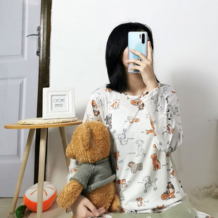 Japanese Style Cute Cartoon Puppy Full Print Pajamas Women's Spring and Autumn Long Sleeve Trousers Thin Casual Home Clothes Two-piece Set