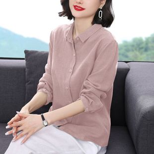 Cotton and linen shirt women's long sleeve 2024 spring and autumn new Korean lapel plus size loose middle-aged mother literature and art direct sales