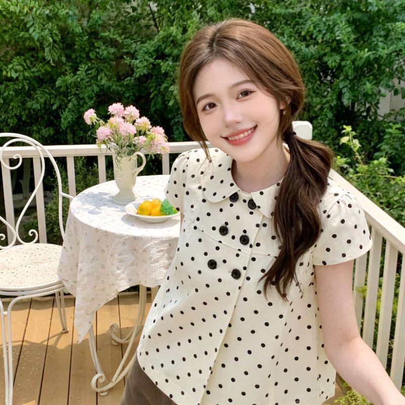 Foreign Trade Style Sweet and Stylish Apricot-Colored Polka Dot Doll Collar Short-Sleeve Shirt, Short Summer Loose-Fitting Versatile Casual Top for Women