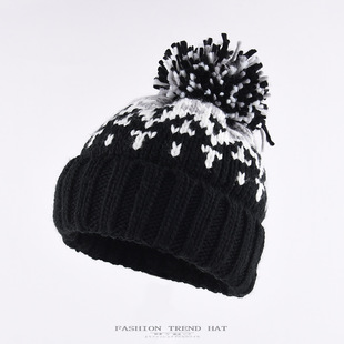 Autumn and winter jacquard knitted hat women's thick warm mixed color wool ball wool hat Korean cross-border Baotou hat men