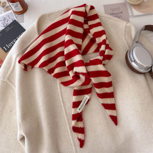 100% Australian Wool Triangle Scarf Striped Shawl Turban Knitted Women's Korean Multi-function Small Scarf Scarf