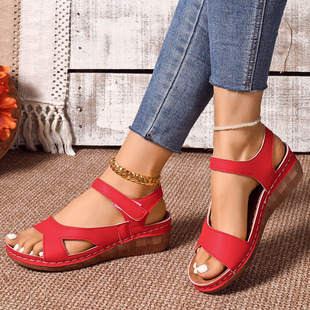 2025 Summer New Foreign Trade Women's Shoes Velcro Sandals Stitch Fish Mouth Wedge Platform Sandals Women's plus size