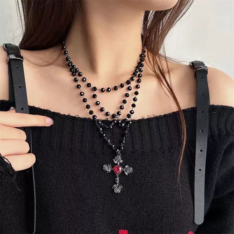 Dark Cross Long Beaded Necklace for Women, Sweet and Cool Punk Choker, Y2K Sweater Chain Accessory, New Style
