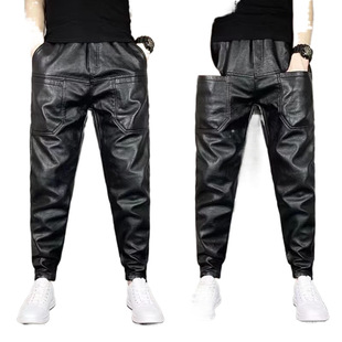 Autumn and Winter New Men's Thickened Casual Handsome Motorcycle Leather Pants Black Samurai Pants Windproof Fashion Warm Pants
