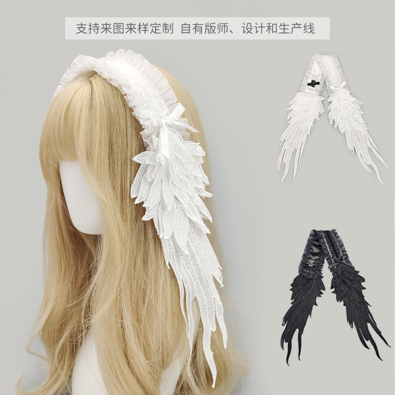 Soft Girl Style Lolita Wings Headband Angel Wings Lace Headdress Dark Gothic Style Lolita Hair Accessories