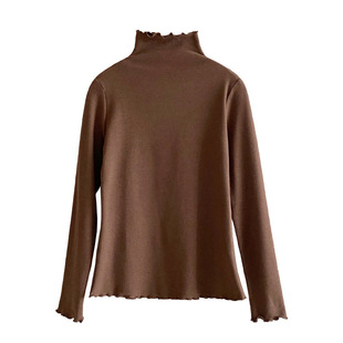 Double-sided velvet semi-high collar warm T-shirt women's autumn and winter new fleece-lined thickened wooden ear inner base shirt top