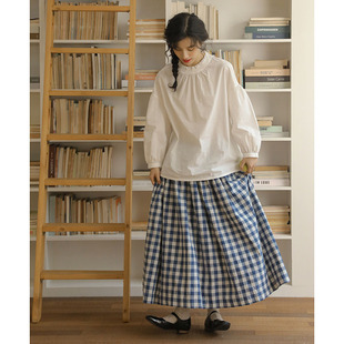 2025 Spring New Japanese Style Retro Blue and White Plaid A- character Staggered Waist Lace-up A- character Half-length Dress for Women