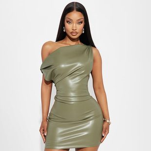 D24DS650 European and American style cross-border women's clothing 2024 new Amazon sexy slim PU leather diagonal shoulder dress