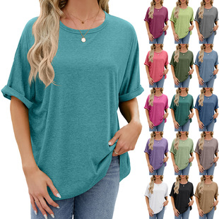 Amazon European and American cross-border foreign trade 2024 spring and summer new solid color round neck loose short sleeve T-shirt top for women in stock