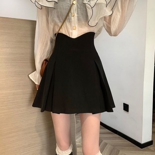 Black Fishbone High Waist Skirt Design Sense Niche A- Shaded Small People Pleated Skirt Women's Early Spring Short Skirt