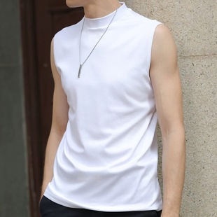Sleeveless T-Shirt Men's Trendy Brand Ware Wearing Solid Color Sweater Double-mercerized Cotton Summer Ice Silk High Neck Wide Shoulder Back Trendy