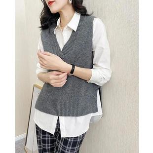 Knitwear sweater vest women's autumn and winter New outer wear slit sleeveless top V-neck loose pullover vest