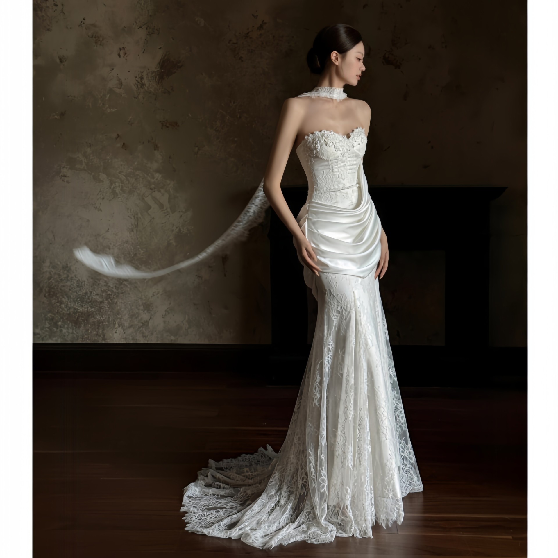 Lightweight White Strapless Wedding Dress with a Slimming Effect, Small Train, Vintage Style, Simple Korean Version, Lace Reception Gown