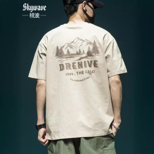 Three Needles 260g Heavy Short Sleeve T-shirt Men's Loose Large Size Half Sleeve T-shirt Summer American High Street Printed Top