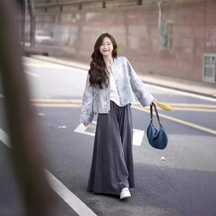 New Autumn Wear High-end suit New Chinese Style National Style Printed Short Coat Wide Leg Pants Elegant Two-piece Set