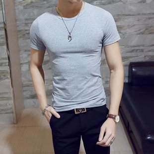 2024 New Summer Thin Men's Short-sleeved T-shirt Half-sleeved Top Solid Color Round V-neck Base Shirt Slim Fit T-shirt