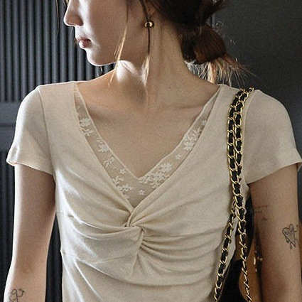 Lalago Ballet Whisper Tencel Wool Lace Slim Fit Twist Short Sleeve T-Shirt Versatile Top for Women