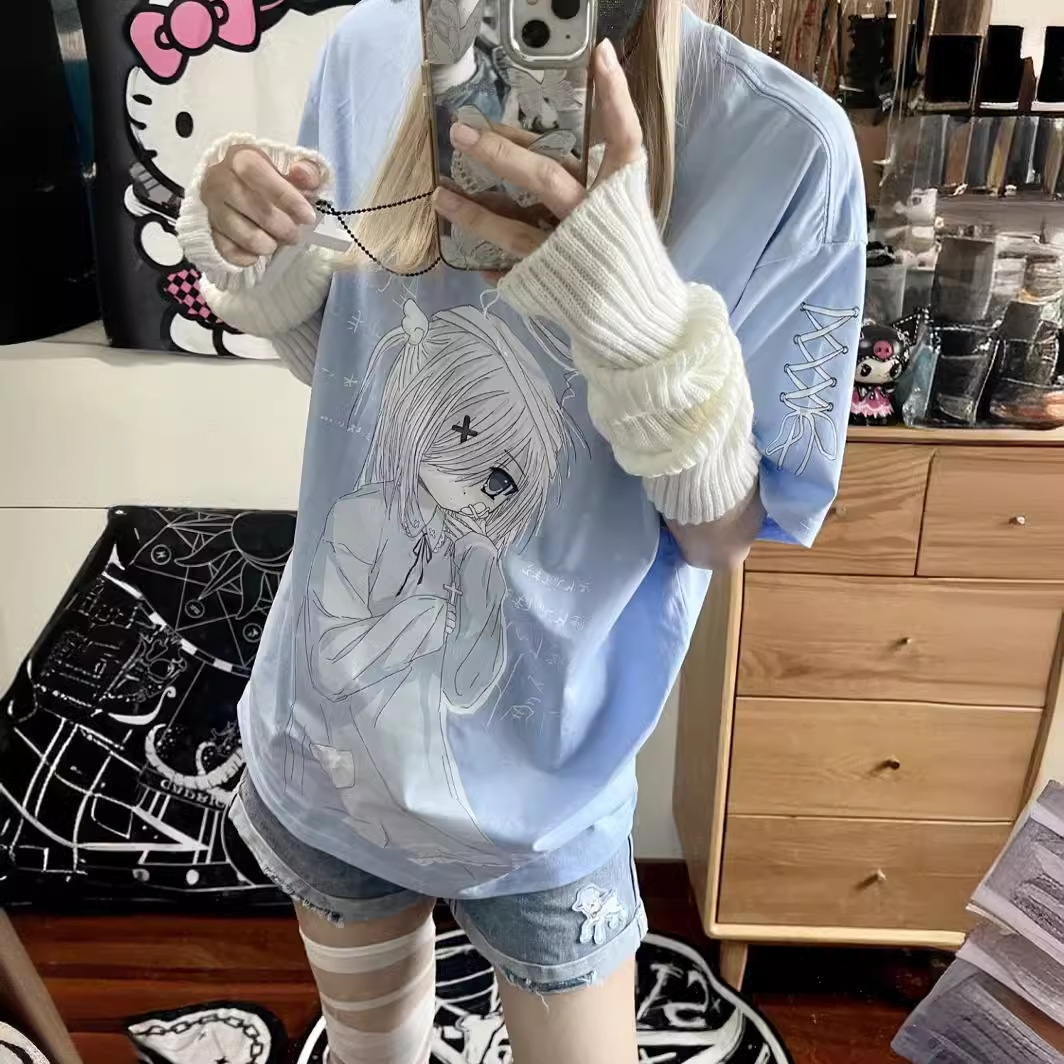Japanese New Painful Clothes Two-dimensional Soft House Water Color System Subculture T-shirt Men's and Women's Loose Angels Coming Short Sleeve