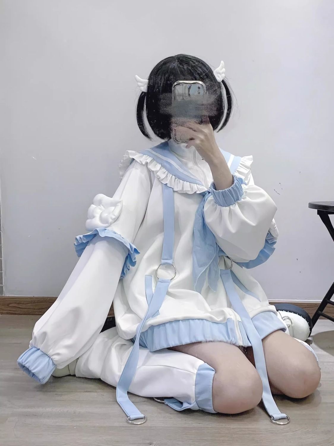 Design-Inspired Aqua-Toned Soft Girl Sailor Collar Jacket for Women, Japanese Subculture Winged Cute Cardigan Top