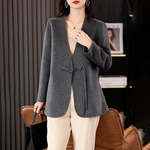 2024 Autumn and Winter Double-Sided Wool Coat Women's V-Neck Petite Elegant Full Wool Cardigan National Style Vintage Coat