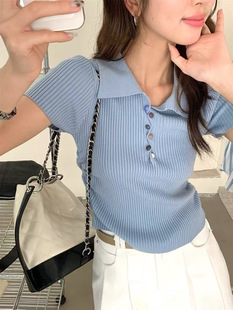 Summer 2025 Korean Style All-match POLO Collar Short-sleeved Color Button Pleated Waisted Sweater Slim-fit Top for Women