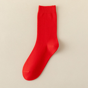 Red Socks Women's Pure Cotton Mid-length Socks Spring and Autumn Women's Solid Color Original Year Stacking Socks Zhuji Boneless Women's Socks