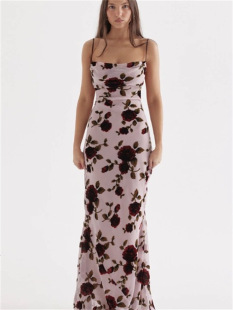 Summer European and American Niche Trendy Brand cb Goddess Sexy Strap Low-cut Slim-fit Hip Flocking Floral Dress Dress