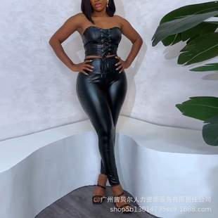 LZR18812 European and American Black PU Sexy Strap Tight Tube Top suit High Waist Tight Leggings